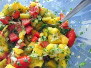 mango salsa with tomato, lime and coriander