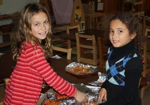 girls eating school lunch