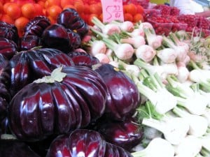 eggplant, garlic and cherry tomatoes at the market