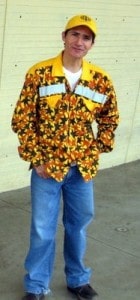 Guard in bright yellow print uniform